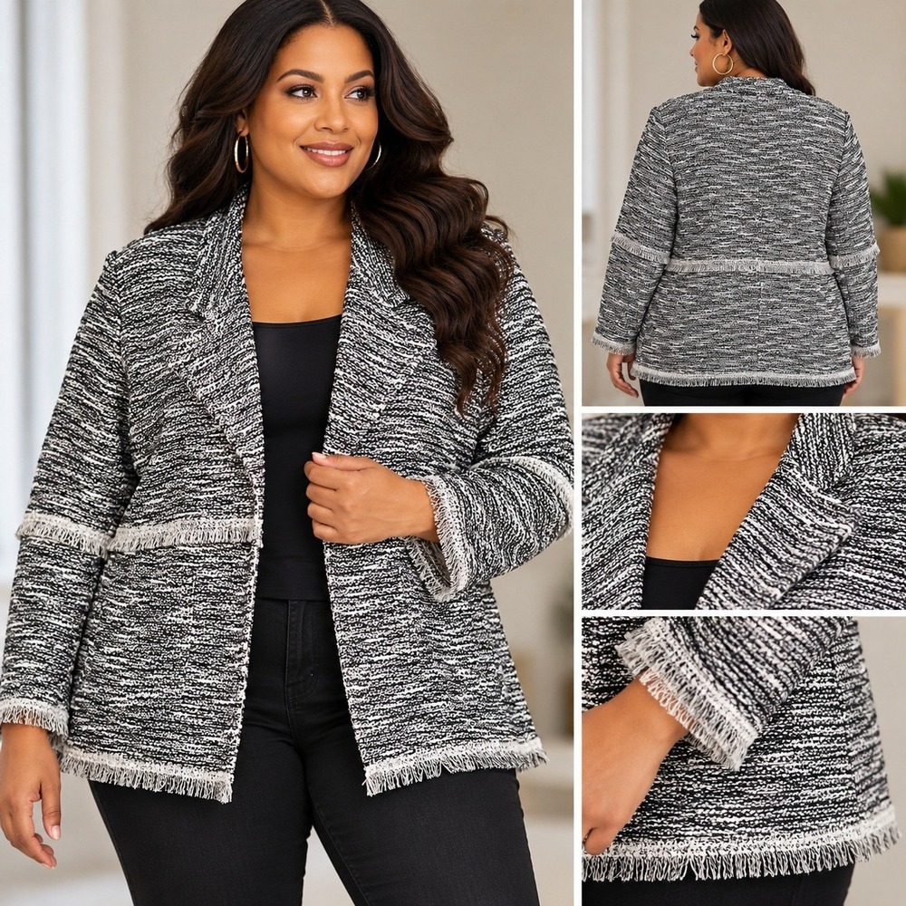 Rafaella Carbon Blue Textured Knit Fringe Open Front Cardigan Jacket XL